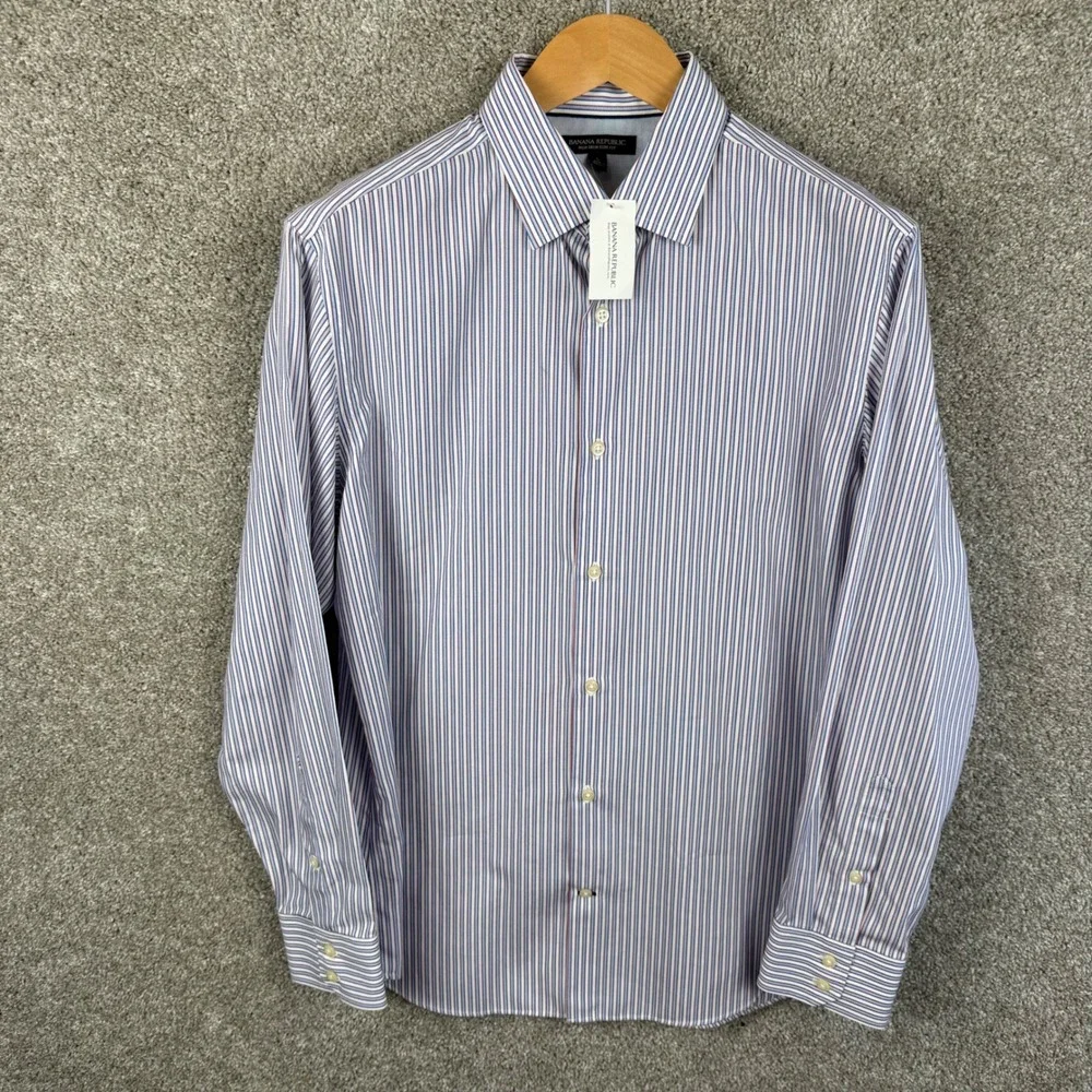 Banana Republic Mens Large Slim Fit Striped Dress Shirt Red Blue White NEW